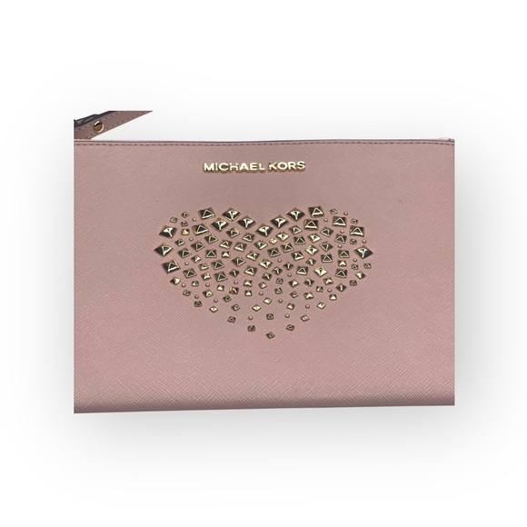 Michael Kors ❤︎︎ Adele Jet Set XL Zip Clutch ❤︎︎ Ballet Pink ❤︎︎ Gold Heart Stud - Picture 5 of 16
